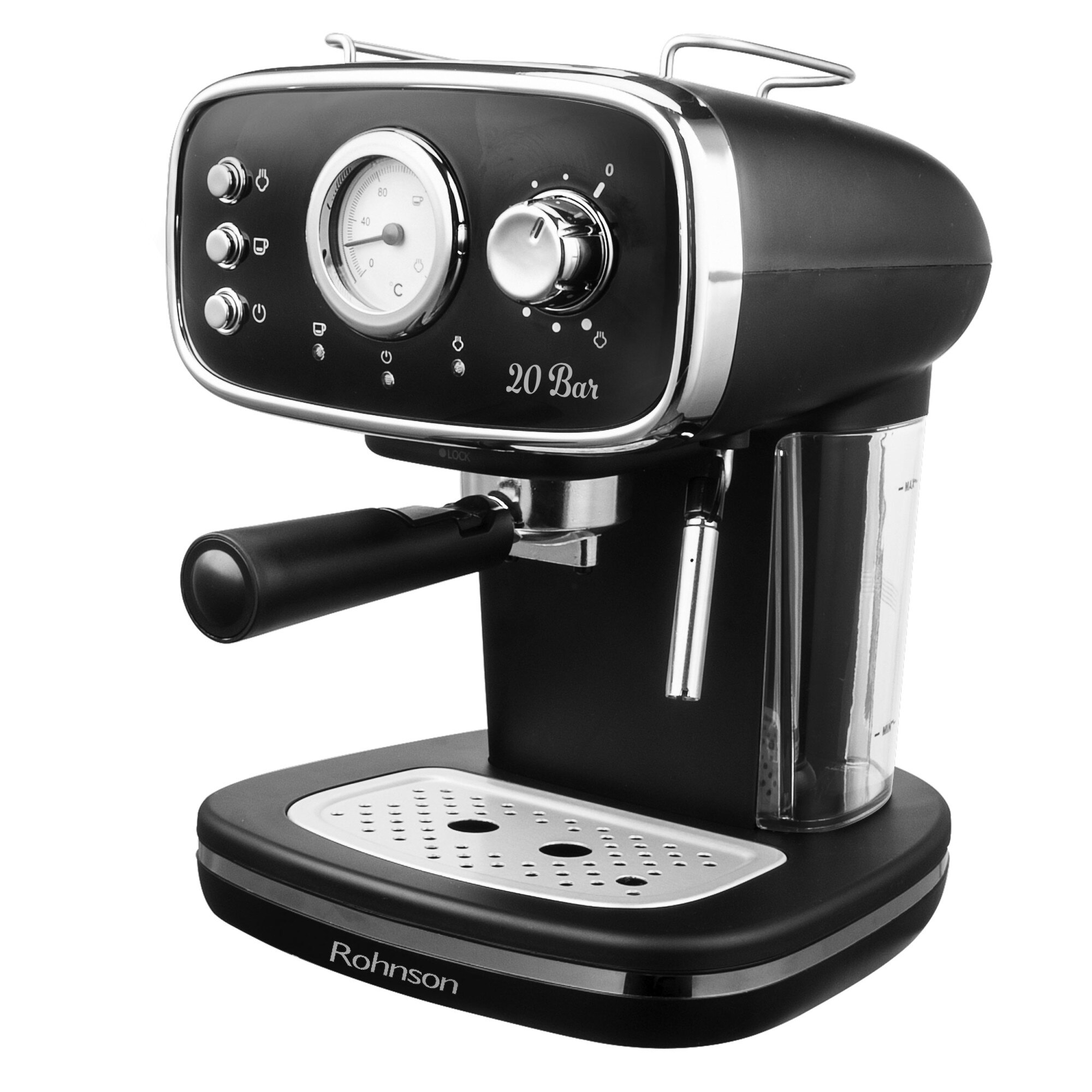 Espressor de cafea Vintage Rohnson R985, 20 bar, 1100W, filtru dual creme, 1.2L, indicator presiune, sistem ERP, spuma cu presiune puternica